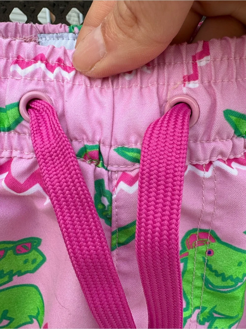 Tipsy Elves Men’s Pink Swim Shorts with Green Dinosaur Print- size M